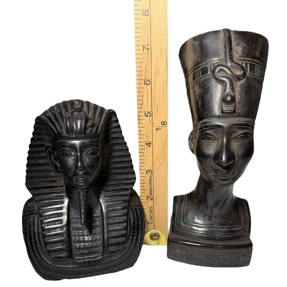 Egyptian King Tut Queen Nefertiti Bust Set Carved Stone Hieroglyphic Black Decor - Picture 15 of 16